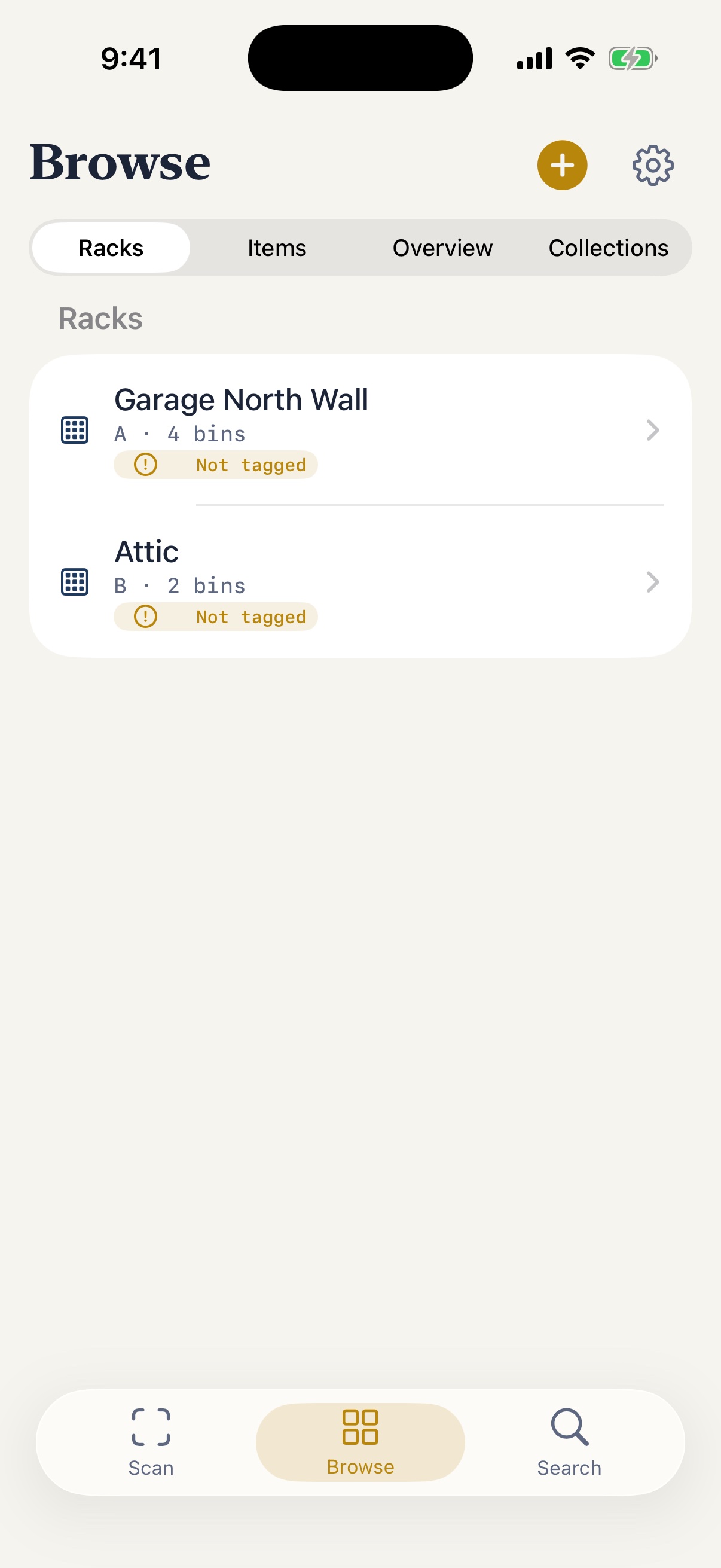 Cubby's Browse tab — racks and bins at a glance