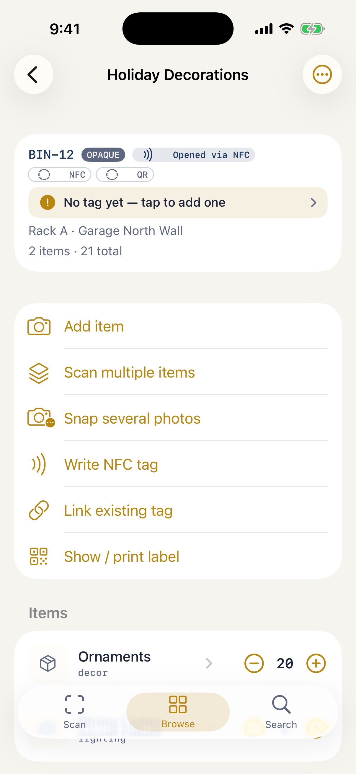 A bin opened via NFC tap, showing its items