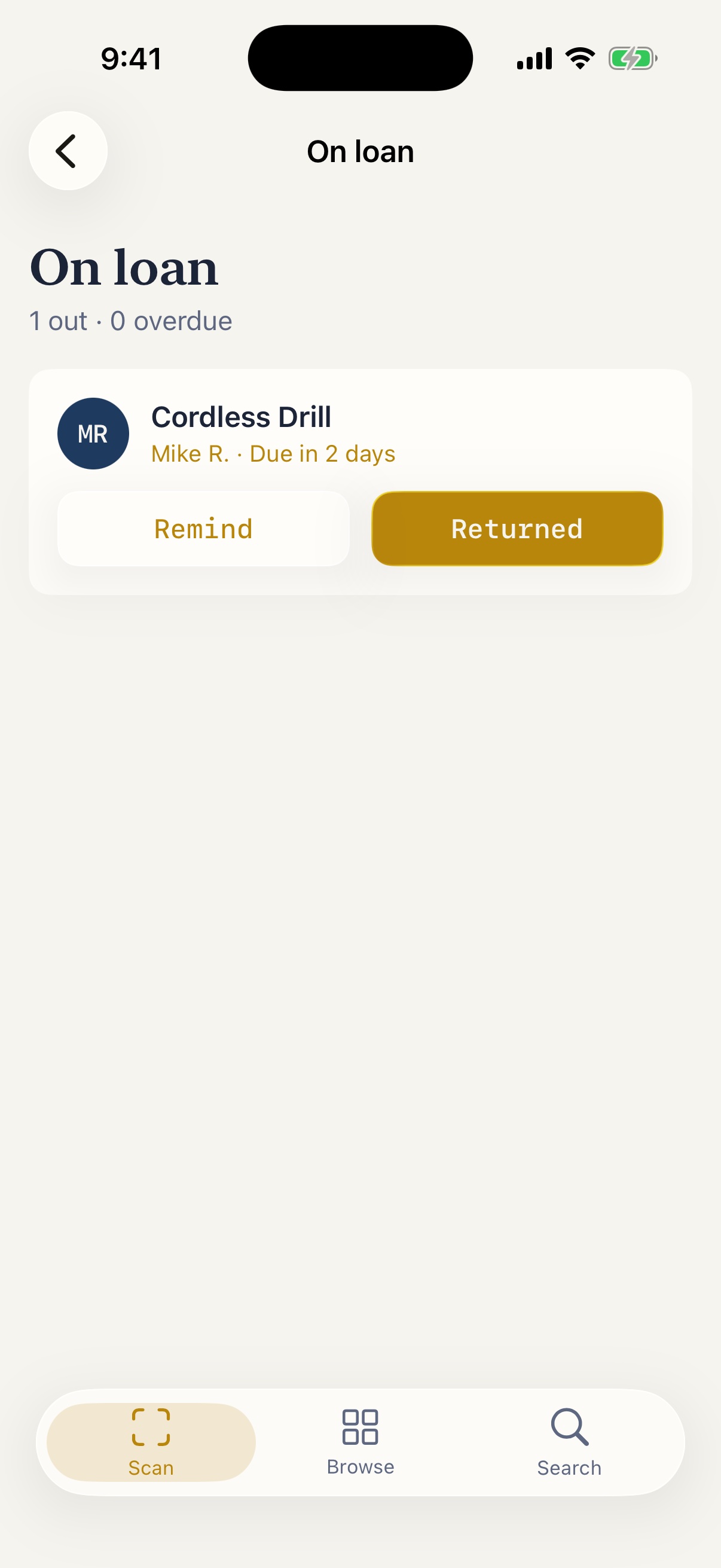 On loan — a lent item with a due-date reminder