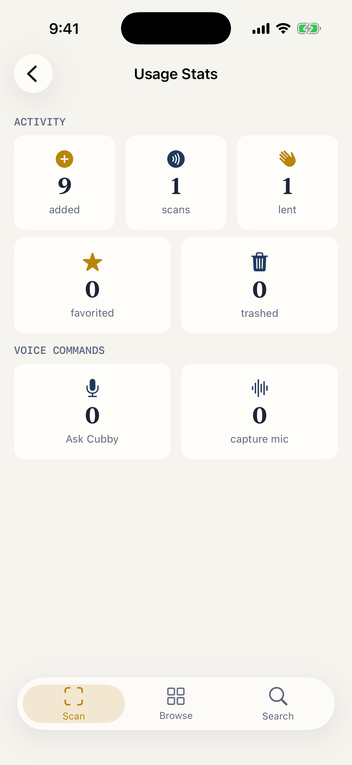 Usage stats — your own activity, computed on-device