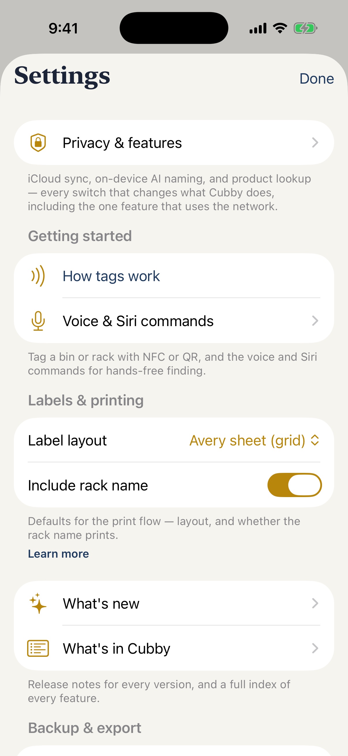 Settings — privacy and features, tags, labels, backup